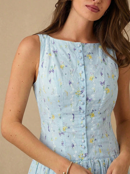 Enchnt Women's Ditsy Floral Button Front Casual Sleeveless Dress,Summer Dresses For Women
