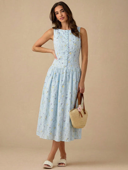 Enchnt Women's Ditsy Floral Button Front Casual Sleeveless Dress,Summer Dresses For Women