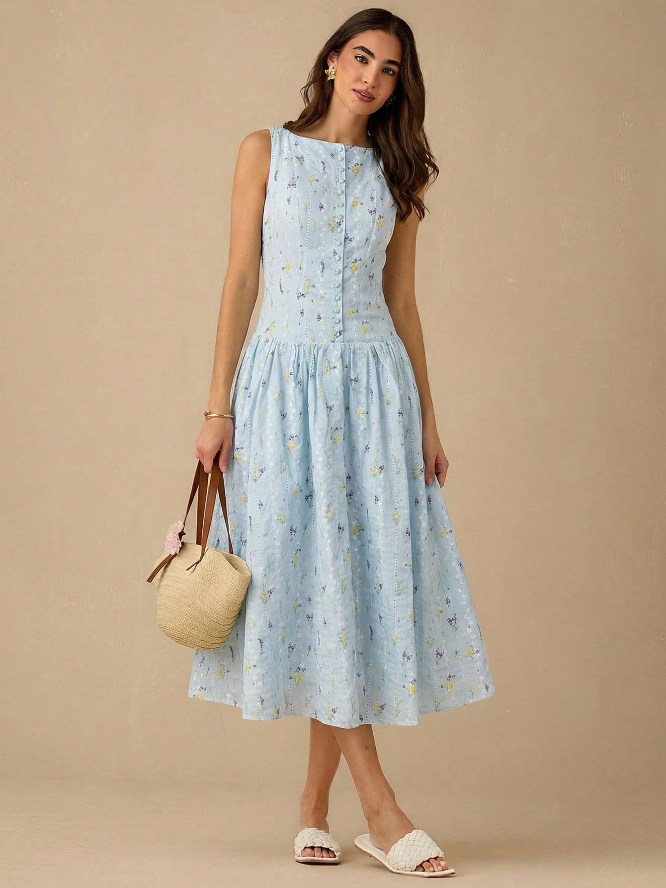 Enchnt Women's Ditsy Floral Button Front Casual Sleeveless Dress,Summer Dresses For Women