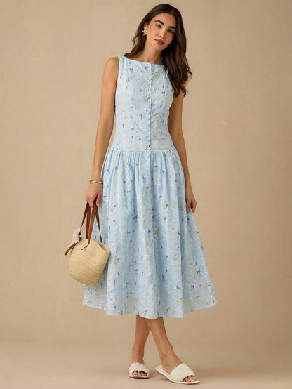 Enchnt Women's Ditsy Floral Button Front Casual Sleeveless Dress,Summer Dresses For Women
