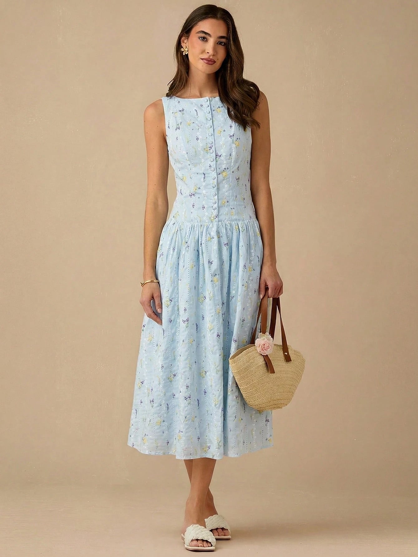 Enchnt Women's Ditsy Floral Button Front Casual Sleeveless Dress,Summer Dresses For Women