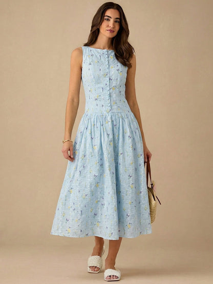 Enchnt Women's Ditsy Floral Button Front Casual Sleeveless Dress,Summer Dresses For Women