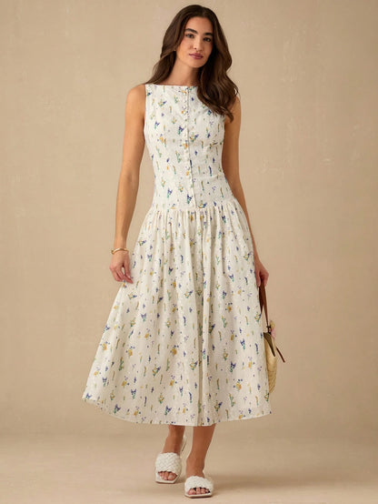 Enchnt Women's Ditsy Floral Button Front Casual Sleeveless Dress,Summer Dresses For Women