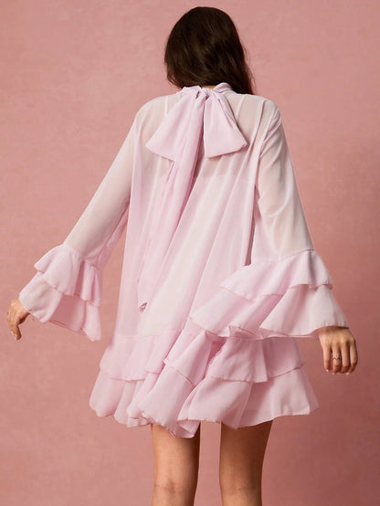 Enchnt Women's Fashionable Elegant Romantic Flare Sleeve Ruffle Hem Short Dress