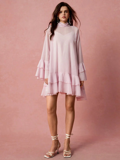 Enchnt Women's Fashionable Elegant Romantic Flare Sleeve Ruffle Hem Short Dress