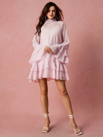 Enchnt Women's Fashionable Elegant Romantic Flare Sleeve Ruffle Hem Short Dress