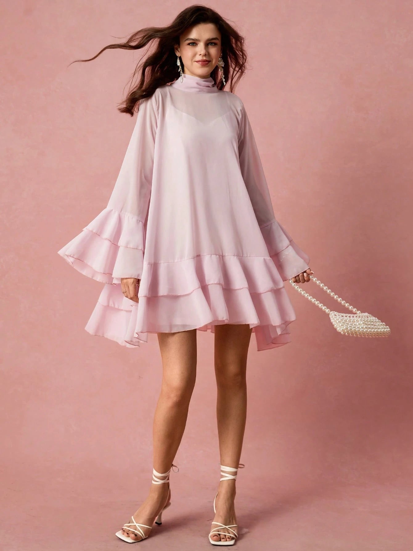 Enchnt Women's Fashionable Elegant Romantic Flare Sleeve Ruffle Hem Short Dress