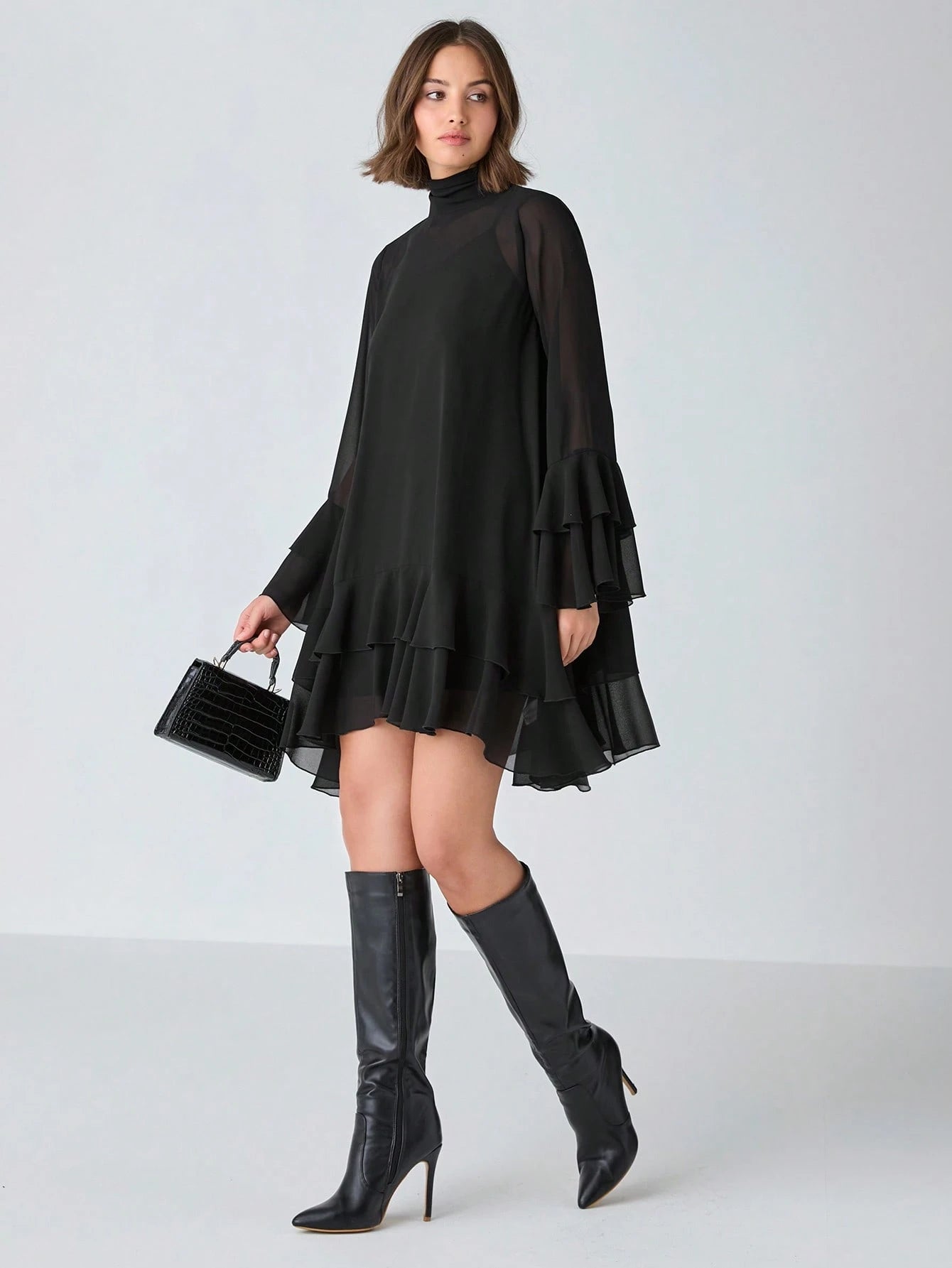 Enchnt Women's Fashionable Elegant Romantic Flare Sleeve Ruffle Hem Short Dress