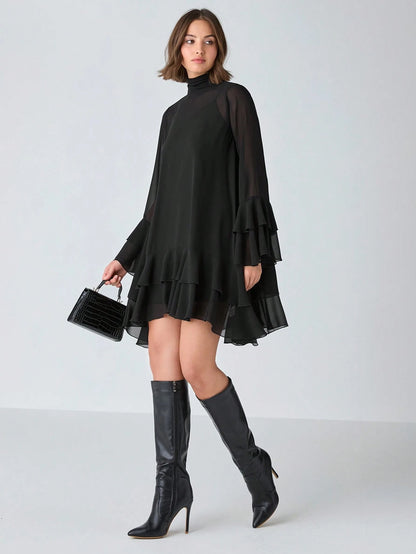 Enchnt Women's Fashionable Elegant Romantic Flare Sleeve Ruffle Hem Short Dress