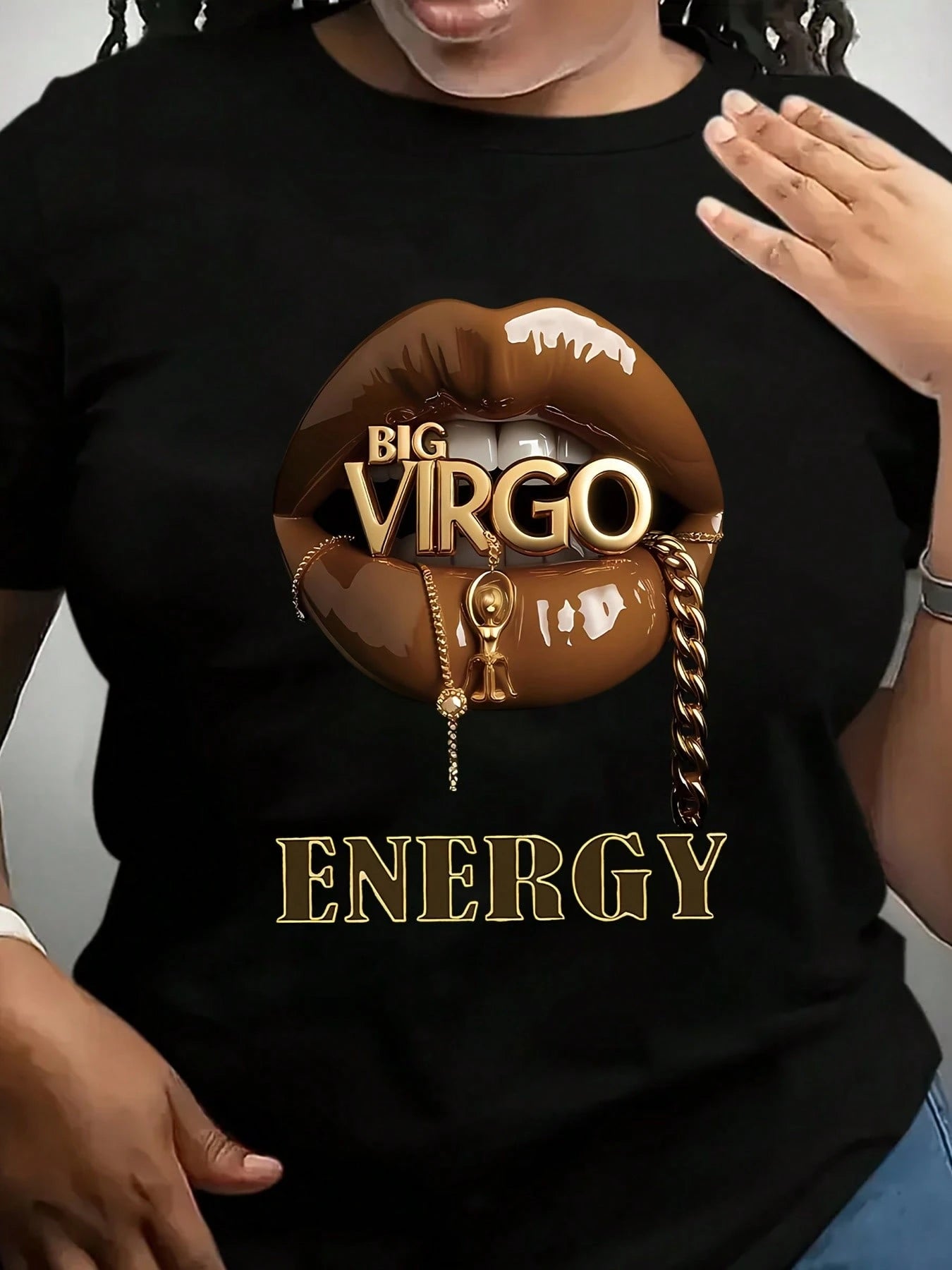 ENERGY BIG VIRGO Print Oversized T-Shirt, Short Sleeve Round Neck Casual Top, Suitable For Summer And Spring, Women's Clothing- 220g