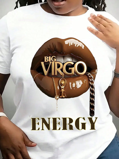 ENERGY BIG VIRGO Print Oversized T-Shirt, Short Sleeve Round Neck Casual Top, Suitable For Summer And Spring, Women's Clothing- 220g