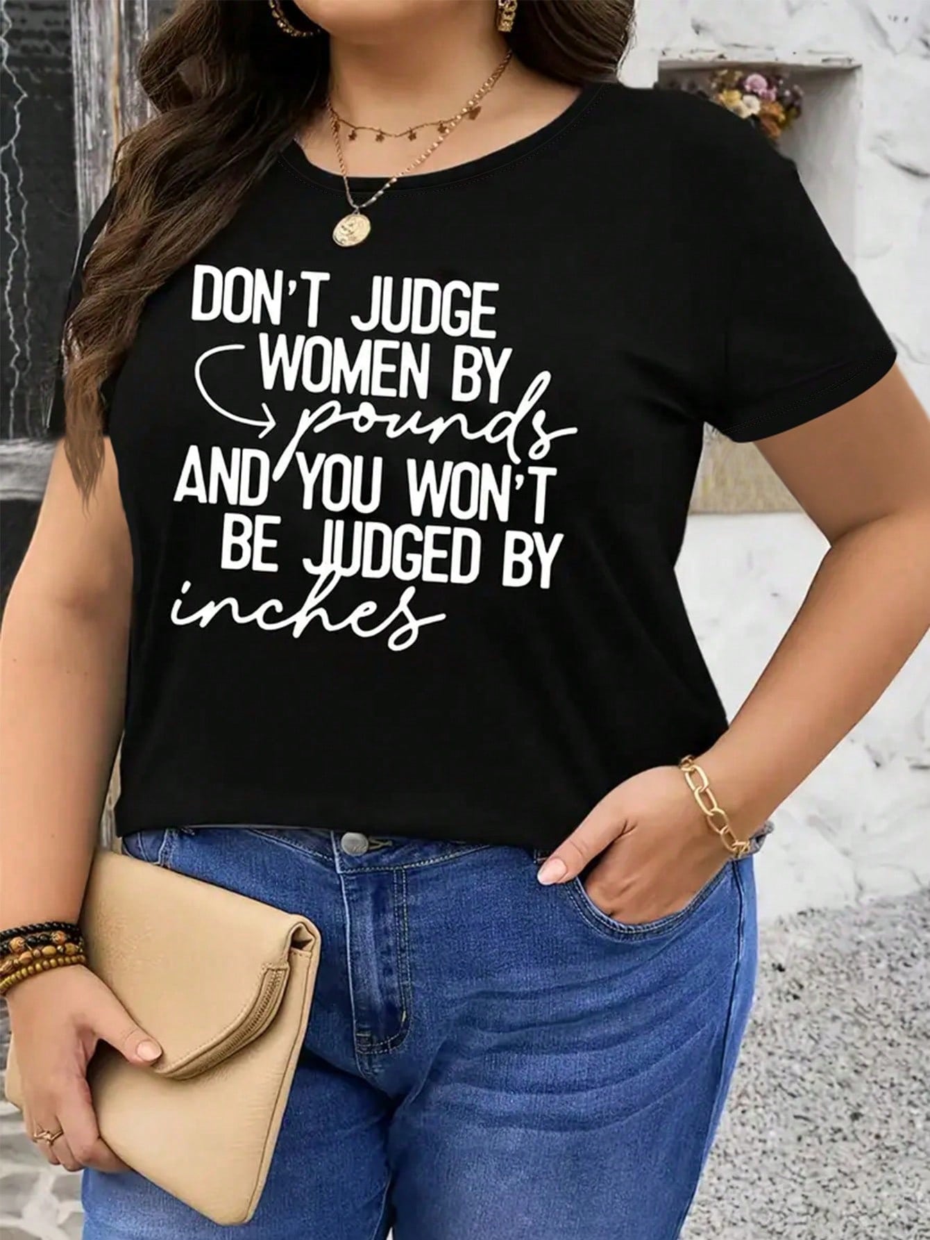 English Letter Printed Summer Scoop Neck Plus Size T-Shirt DON'T JUDGE WOMEN BY Pounds AND YOU WON'T BE JUDGED BY Inches Graphic Tees Women Tops