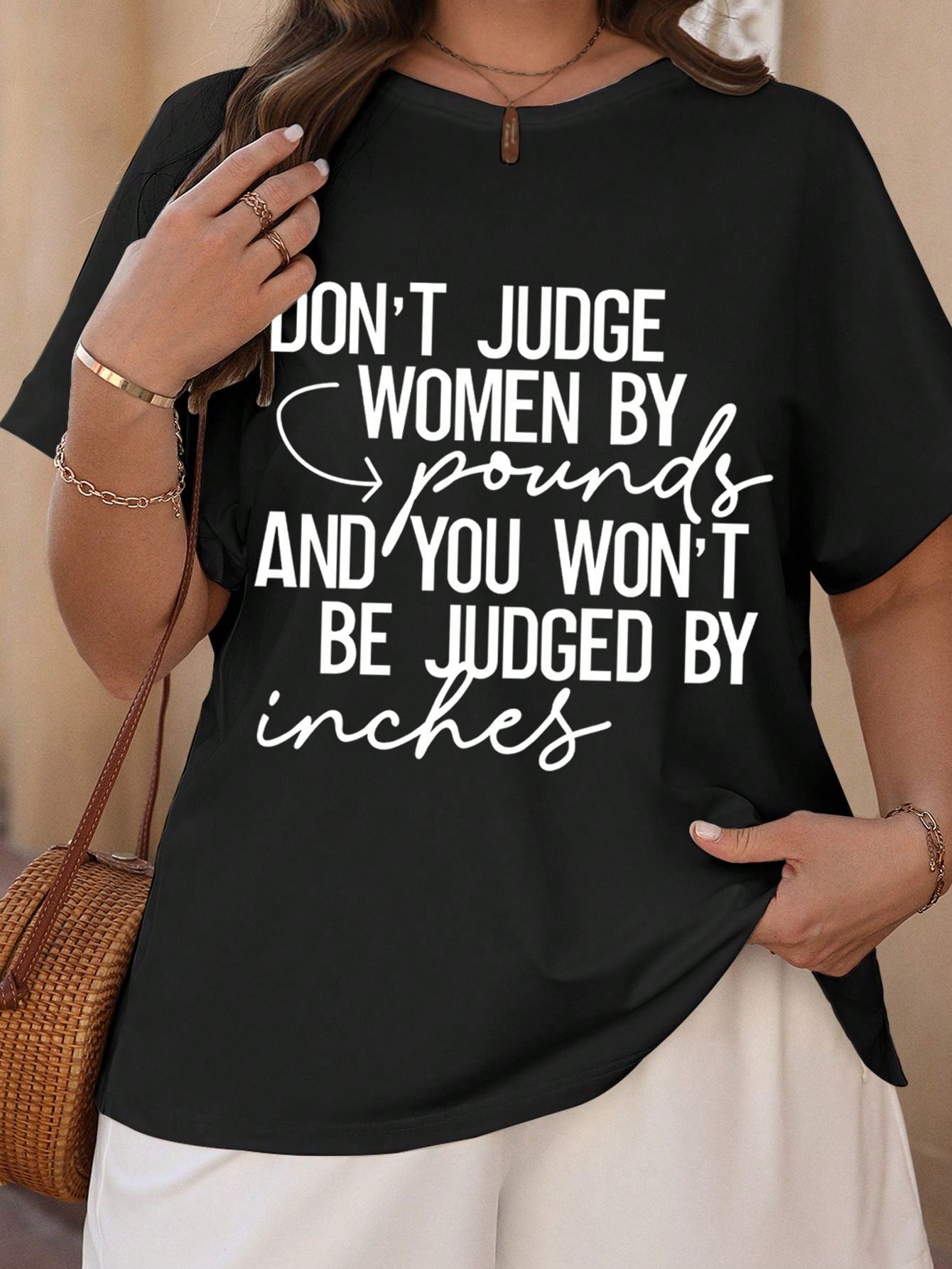 English Letter Printed Summer Scoop Neck Plus Size T-Shirt DON'T JUDGE WOMEN BY Pounds AND YOU WON'T BE JUDGED BY Inches Graphic Tees Women Tops