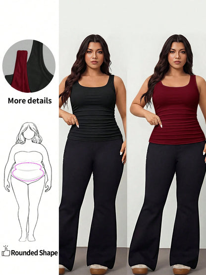 Enliva 2pcs Plus Size Women Vacation Casual Black & Burgundy Scoop Neck Ruched Waist Bodycon Tank Top Set, Suitable For Daily Wear, Versatile, Y2K Summer, For Apple And Rounded Body Shape
