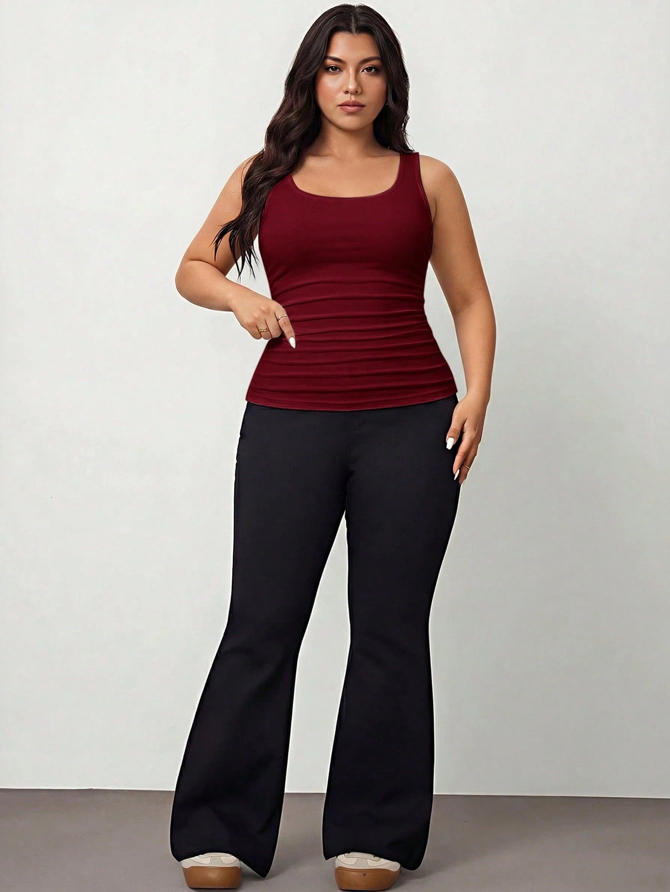 Enliva 2pcs Plus Size Women Vacation Casual Black & Burgundy Scoop Neck Ruched Waist Bodycon Tank Top Set, Suitable For Daily Wear, Versatile, Y2K Summer, For Apple And Rounded Body Shape