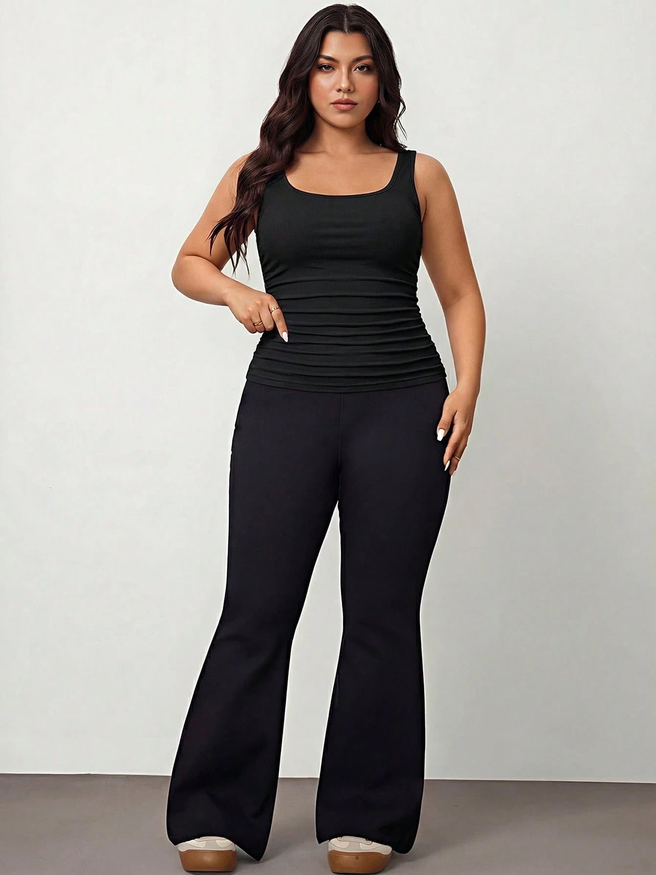 Enliva 2pcs Plus Size Women Vacation Casual Black & Burgundy Scoop Neck Ruched Waist Bodycon Tank Top Set, Suitable For Daily Wear, Versatile, Y2K Summer, For Apple And Rounded Body Shape