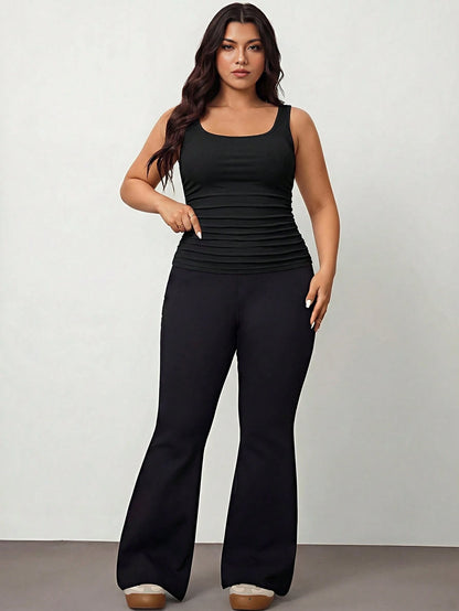 Enliva 2pcs Plus Size Women Vacation Casual Black & Burgundy Scoop Neck Ruched Waist Bodycon Tank Top Set, Suitable For Daily Wear, Versatile, Y2K Summer, For Apple And Rounded Body Shape