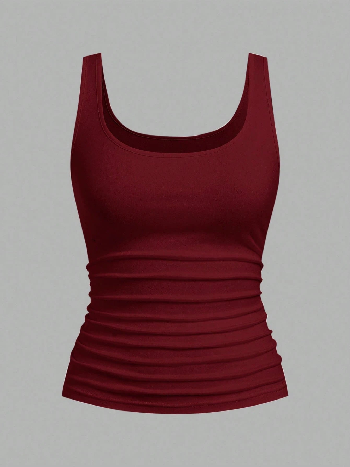 Enliva 2pcs Plus Size Women Vacation Casual Black & Burgundy Scoop Neck Ruched Waist Bodycon Tank Top Set, Suitable For Daily Wear, Versatile, Y2K Summer, For Apple And Rounded Body Shape