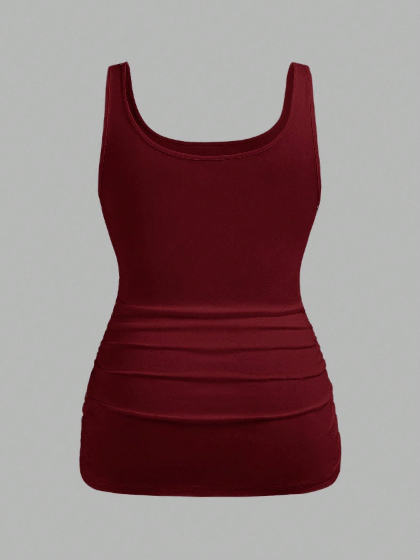 Enliva 2pcs Plus Size Women Vacation Casual Black & Burgundy Scoop Neck Ruched Waist Bodycon Tank Top Set, Suitable For Daily Wear, Versatile, Y2K Summer, For Apple And Rounded Body Shape