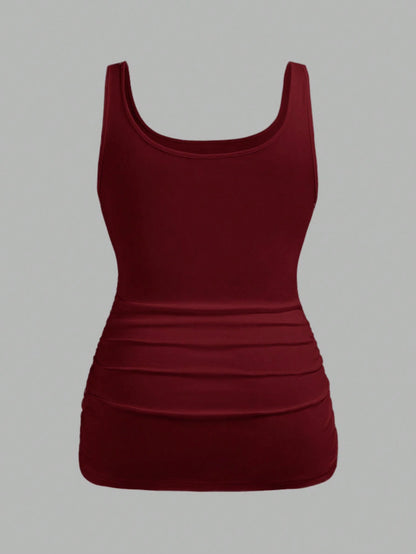 Enliva 2pcs Plus Size Women Vacation Casual Black & Burgundy Scoop Neck Ruched Waist Bodycon Tank Top Set, Suitable For Daily Wear, Versatile, Y2K Summer, For Apple And Rounded Body Shape