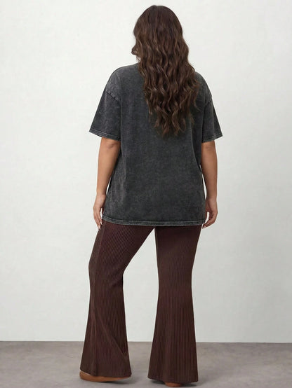 Enliva Plus Size Black Distressed Acid Wash Loose Fit Short Sleeve Notched Neck T-Shirt, Cotton, Spring/Summer, For Apple And Rounded Body Shape