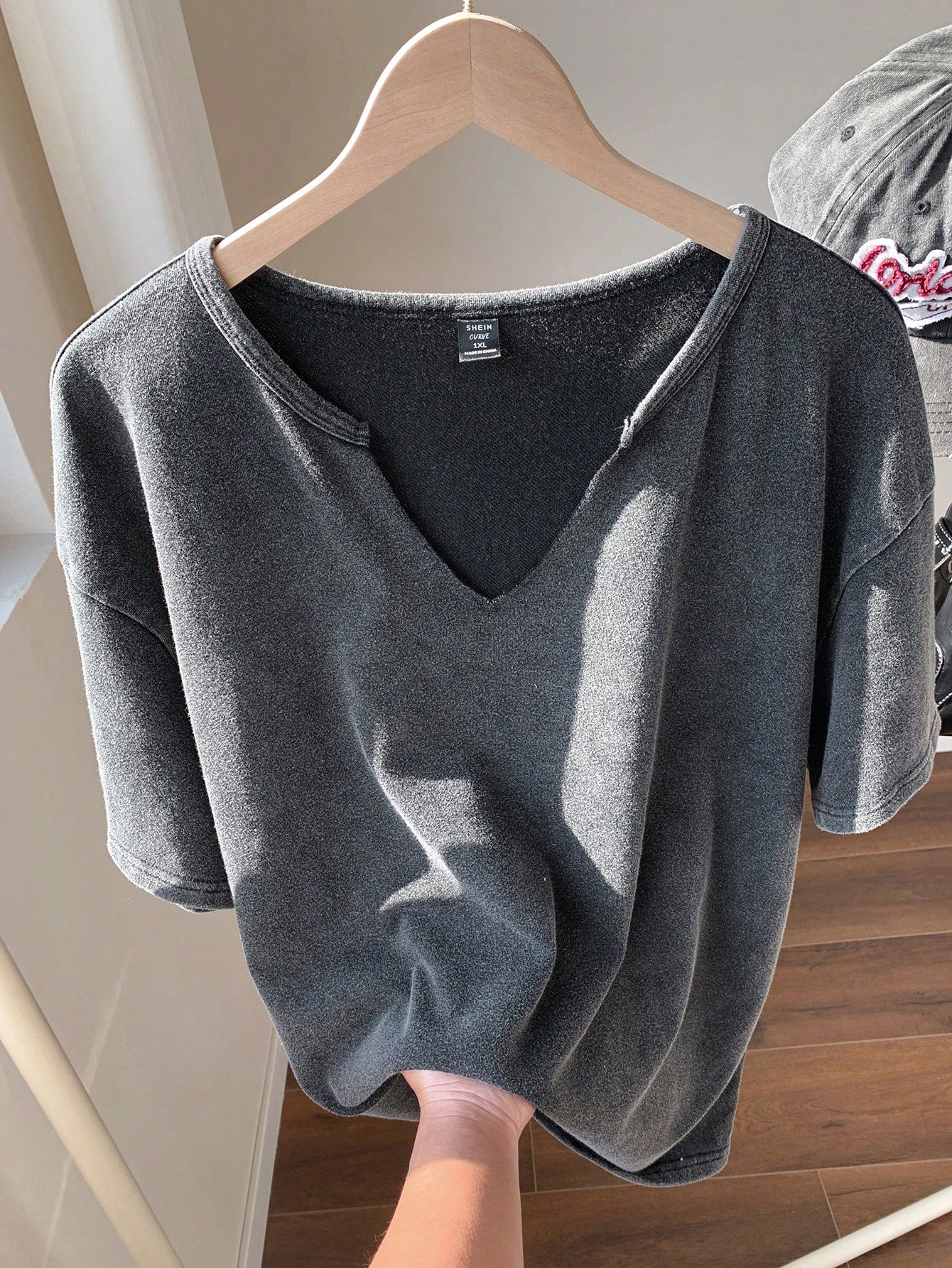 Enliva Plus Size Black Distressed Acid Wash Loose Fit Short Sleeve Notched Neck T-Shirt, Cotton, Spring/Summer, For Apple And Rounded Body Shape