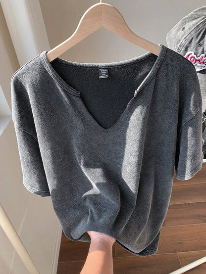 Enliva Plus Size Black Distressed Acid Wash Loose Fit Short Sleeve Notched Neck T-Shirt, Cotton, Spring/Summer, For Apple And Rounded Body Shape