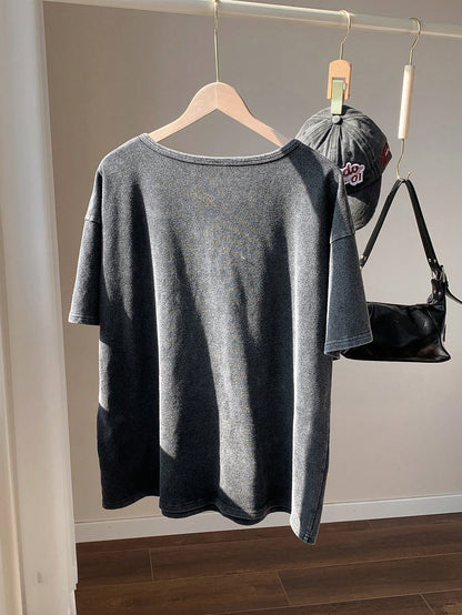 Enliva Plus Size Black Distressed Acid Wash Loose Fit Short Sleeve Notched Neck T-Shirt, Cotton, Spring/Summer, For Apple And Rounded Body Shape