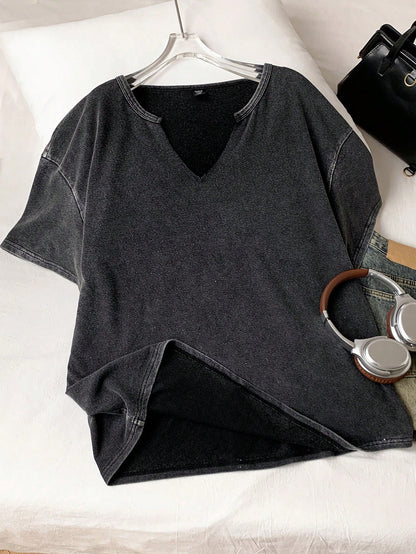 Enliva Plus Size Black Distressed Acid Wash Loose Fit Short Sleeve Notched Neck T-Shirt, Cotton, Spring/Summer, For Apple And Rounded Body Shape