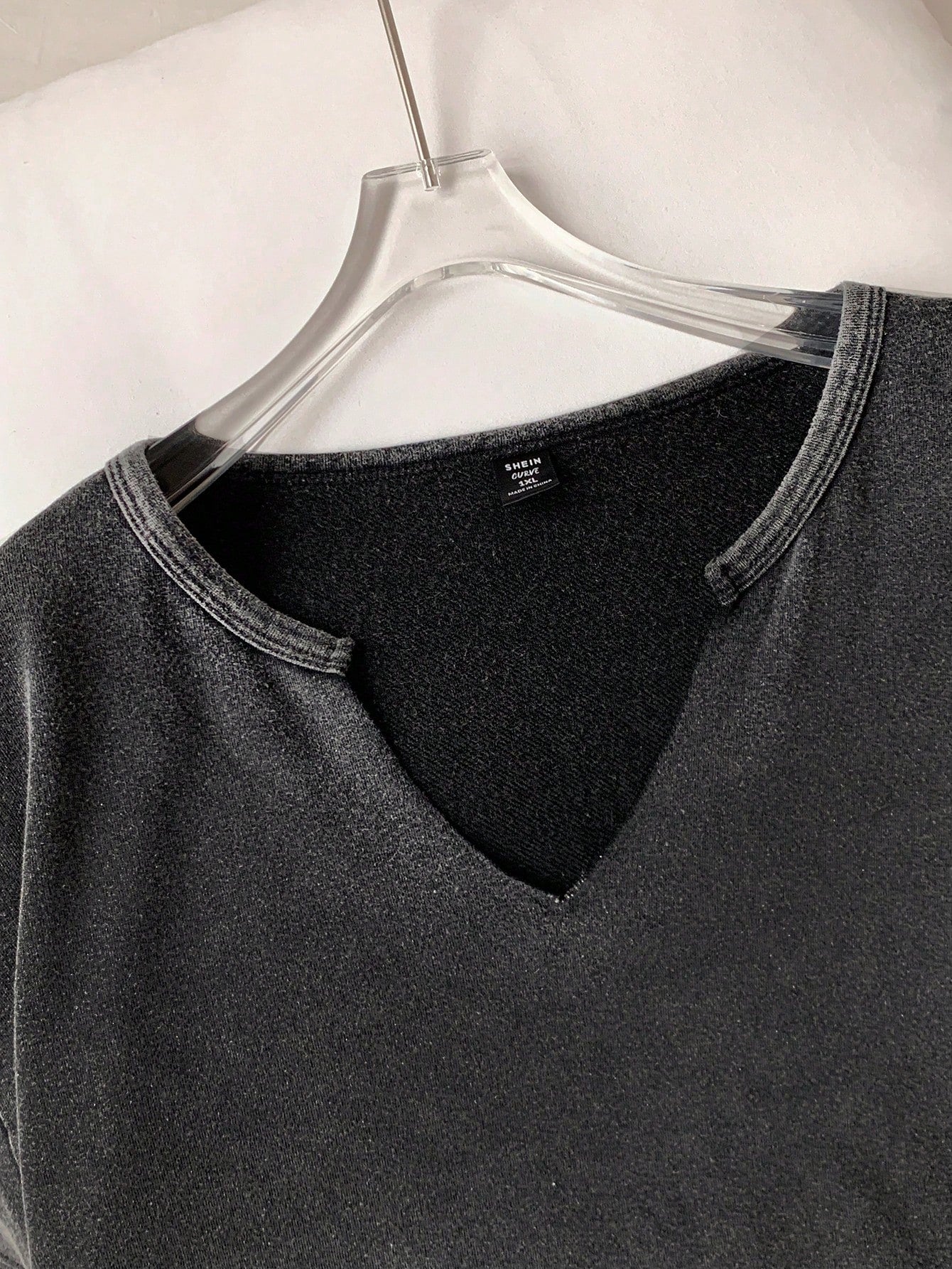 Enliva Plus Size Black Distressed Acid Wash Loose Fit Short Sleeve Notched Neck T-Shirt, Cotton, Spring/Summer, For Apple And Rounded Body Shape