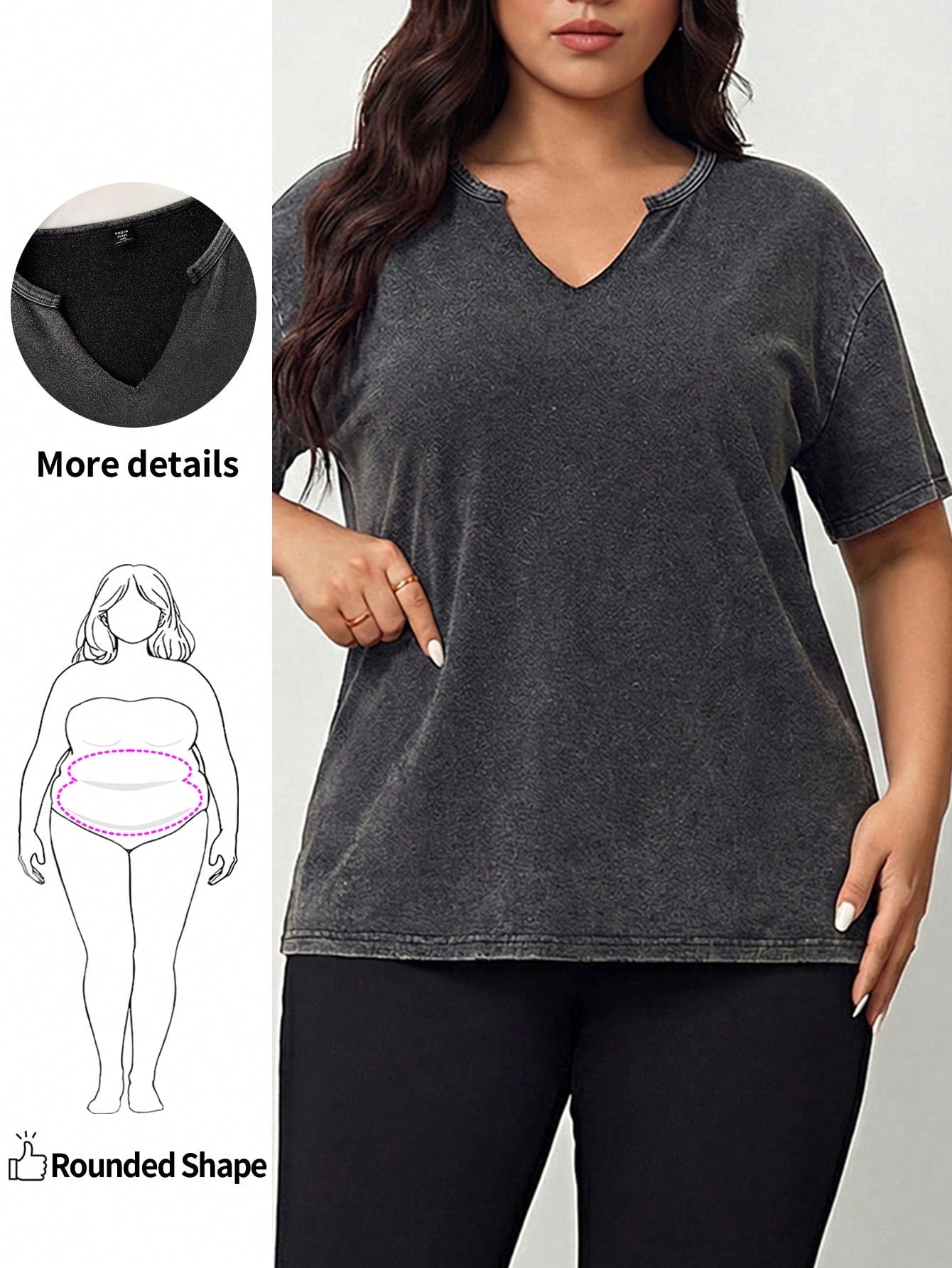 Enliva Plus Size Black Distressed Acid Wash Loose Fit Short Sleeve Notched Neck T-Shirt, Cotton, Spring/Summer, For Apple And Rounded Body Shape