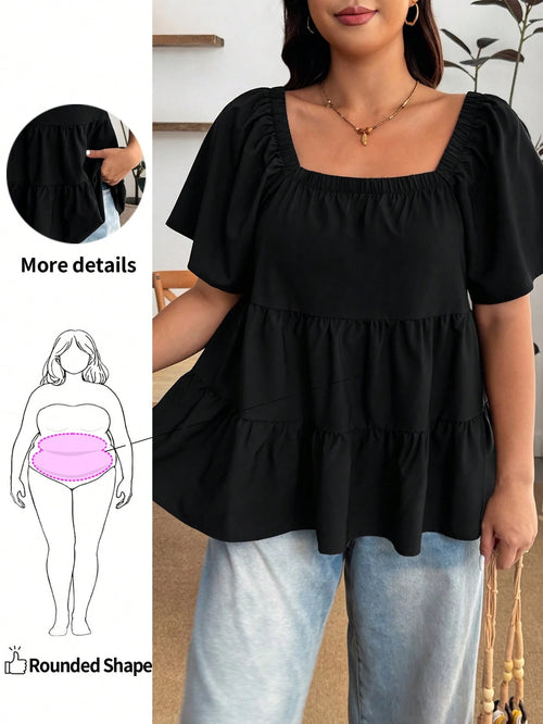 Enliva Plus Size Square Neck Loose Fit Tiered Ruffle Short Sleeve Top, For Apple And Rounded Body Shape Brunch Bussines Dinner Black Summer Casual Whimsical
