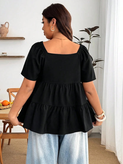 Enliva Plus Size Square Neck Loose Fit Tiered Ruffle Short Sleeve Top, For Apple And Rounded Body Shape Brunch Bussines Dinner Black Summer Casual Whimsical
