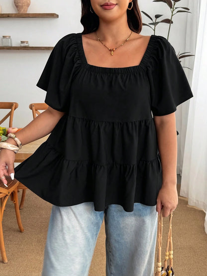 Enliva Plus Size Square Neck Loose Fit Tiered Ruffle Short Sleeve Top, For Apple And Rounded Body Shape Brunch Bussines Dinner Black Summer Casual Whimsical