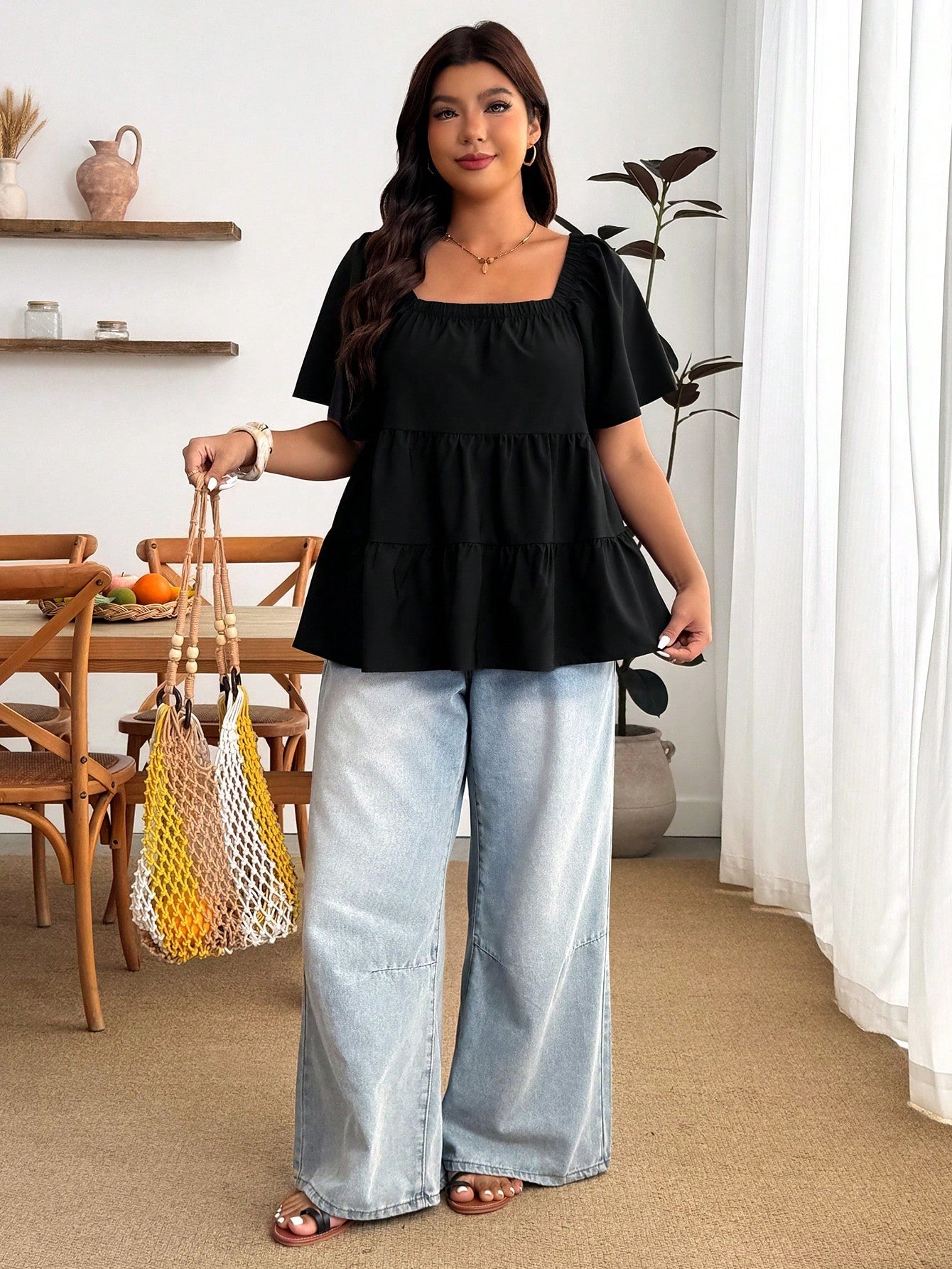 Enliva Plus Size Square Neck Loose Fit Tiered Ruffle Short Sleeve Top, For Apple And Rounded Body Shape Brunch Bussines Dinner Black Summer Casual Whimsical