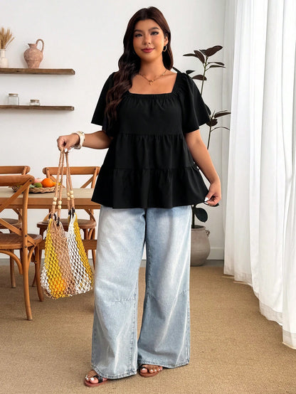 Enliva Plus Size Square Neck Loose Fit Tiered Ruffle Short Sleeve Top, For Apple And Rounded Body Shape Brunch Bussines Dinner Black Summer Casual Whimsical