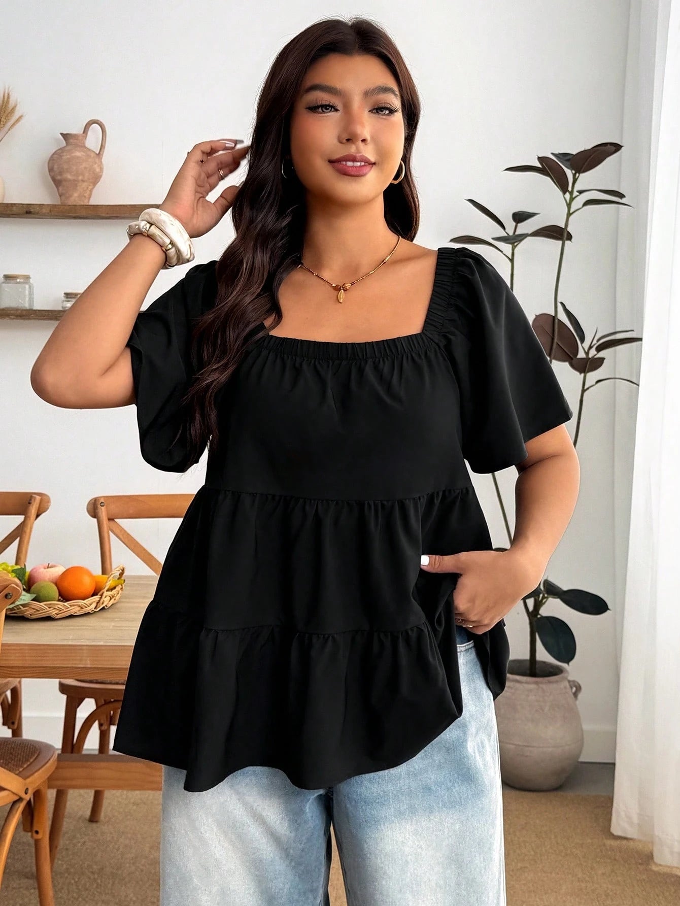 Enliva Plus Size Square Neck Loose Fit Tiered Ruffle Short Sleeve Top, For Apple And Rounded Body Shape Brunch Bussines Dinner Black Summer Casual Whimsical