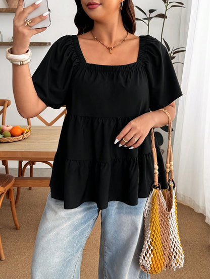 Enliva Plus Size Square Neck Loose Fit Tiered Ruffle Short Sleeve Top, For Apple And Rounded Body Shape Brunch Bussines Dinner Black Summer Casual Whimsical