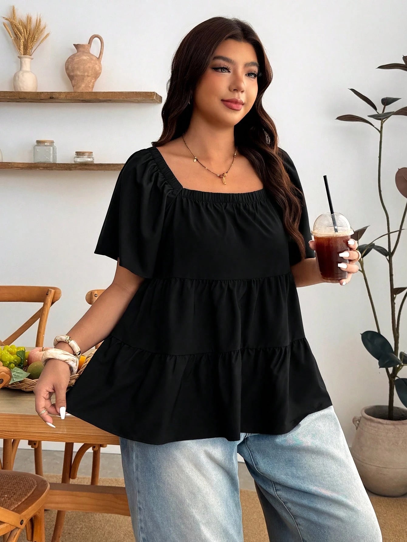 Enliva Plus Size Square Neck Loose Fit Tiered Ruffle Short Sleeve Top, For Apple And Rounded Body Shape Brunch Bussines Dinner Black Summer Casual Whimsical
