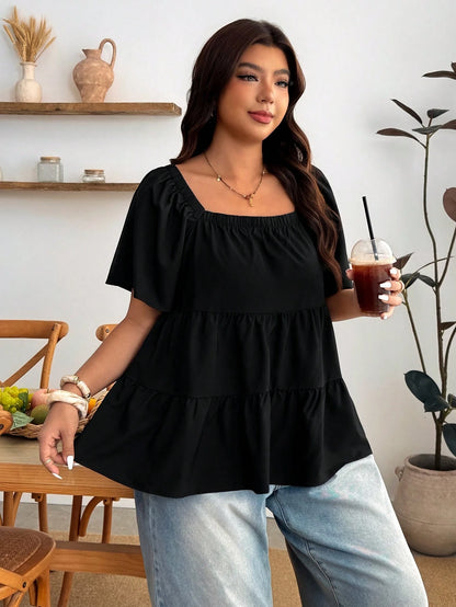 Enliva Plus Size Square Neck Loose Fit Tiered Ruffle Short Sleeve Top, For Apple And Rounded Body Shape Brunch Bussines Dinner Black Summer Casual Whimsical