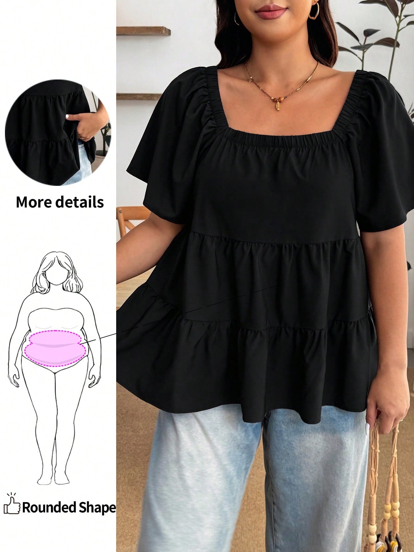 Enliva Plus Size Square Neck Loose Fit Tiered Ruffle Short Sleeve Top, For Apple And Rounded Body Shape Brunch Bussines Dinner Black Summer Casual Whimsical