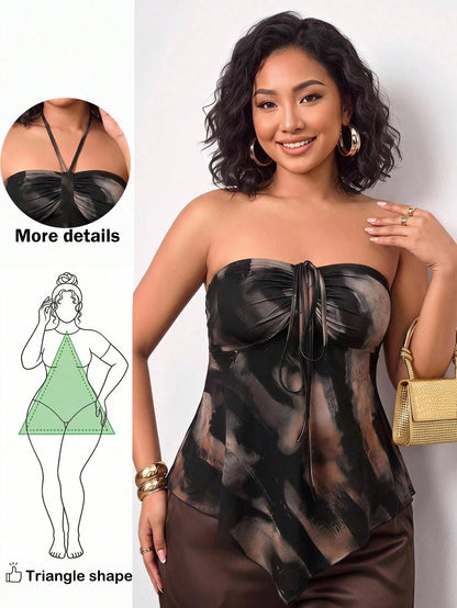 Enliva Plus Size Women Halter Tie Ruched Fashionable Versatile Casual Top, For Pear And Triangle Date Night Party Black Summer