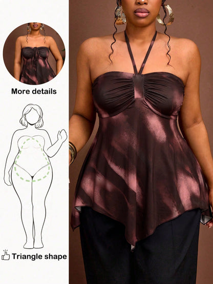 Enliva Plus Size Women Halter Tie Ruched Fashionable Versatile Casual Top, For Pear And Triangle Date Night Party Black Summer