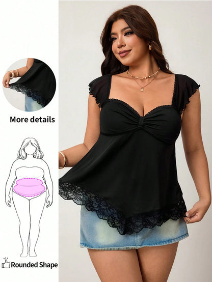 Enliva Plus Size Women Pleated Front A-Line Ruffle Sleeve Backless Casual 70's Elegant Vacation Short Tank Top Black Birthday Formal Summer