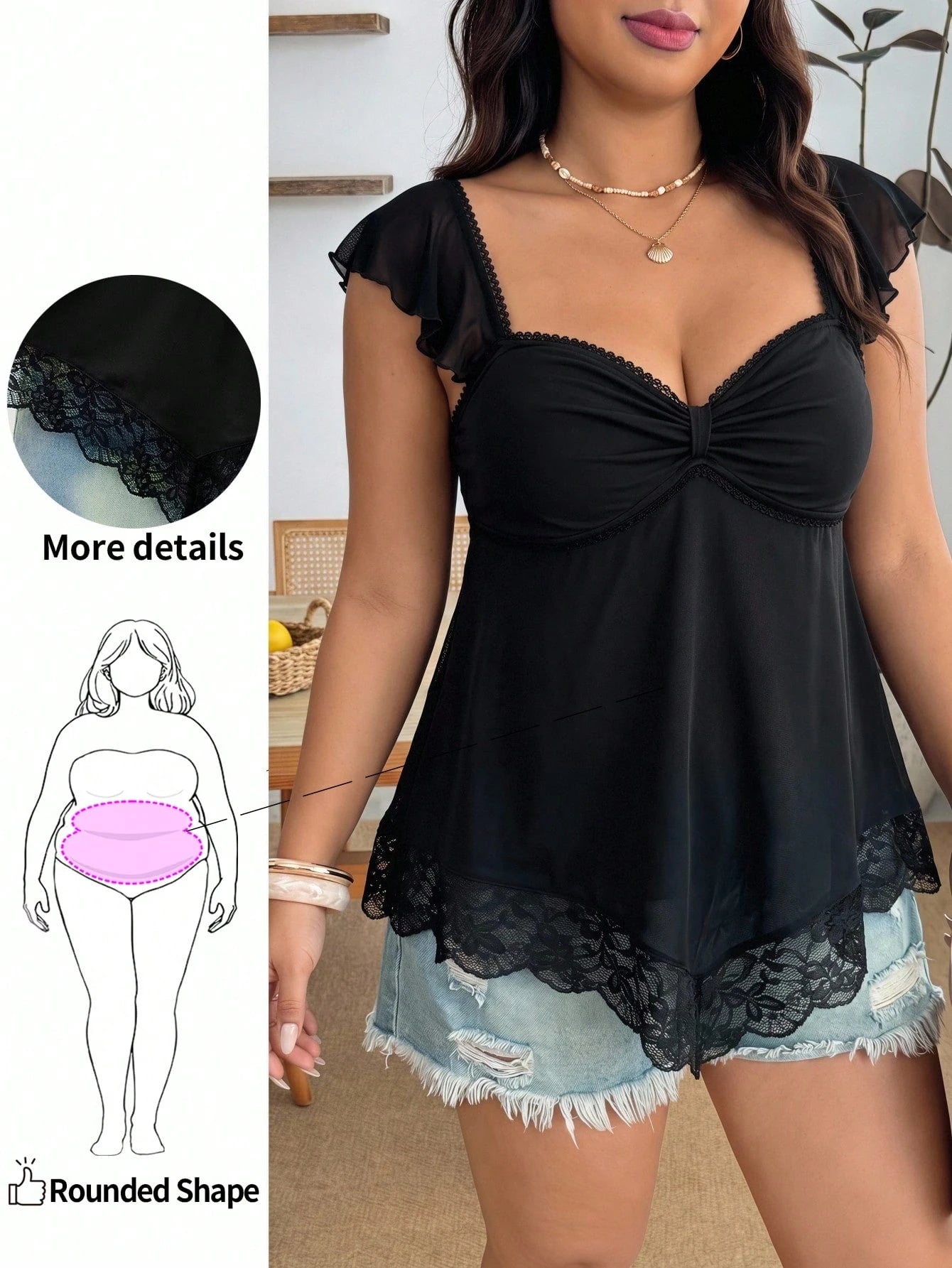 Enliva Plus Size Women Pleated Front A-Line Ruffle Sleeve Backless Casual 70's Elegant Vacation Short Tank Top Black Birthday Formal Summer