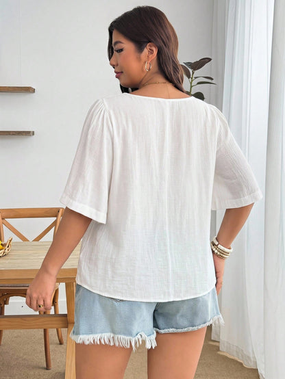Enliva Plus Size Women's Casual White Loose Crop Top, Suitable For Vacation, Afternoon Tea, Beach Cruise, City Self-Driving Tour, Bohemian Style Vacation, Music Festival, Beach, Easter, Elegant Vacati