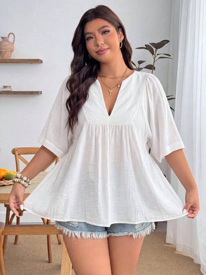 Enliva Plus Size Women's Casual White Loose Crop Top, Suitable For Vacation, Afternoon Tea, Beach Cruise, City Self-Driving Tour, Bohemian Style Vacation, Music Festival, Beach, Easter, Elegant Vacati