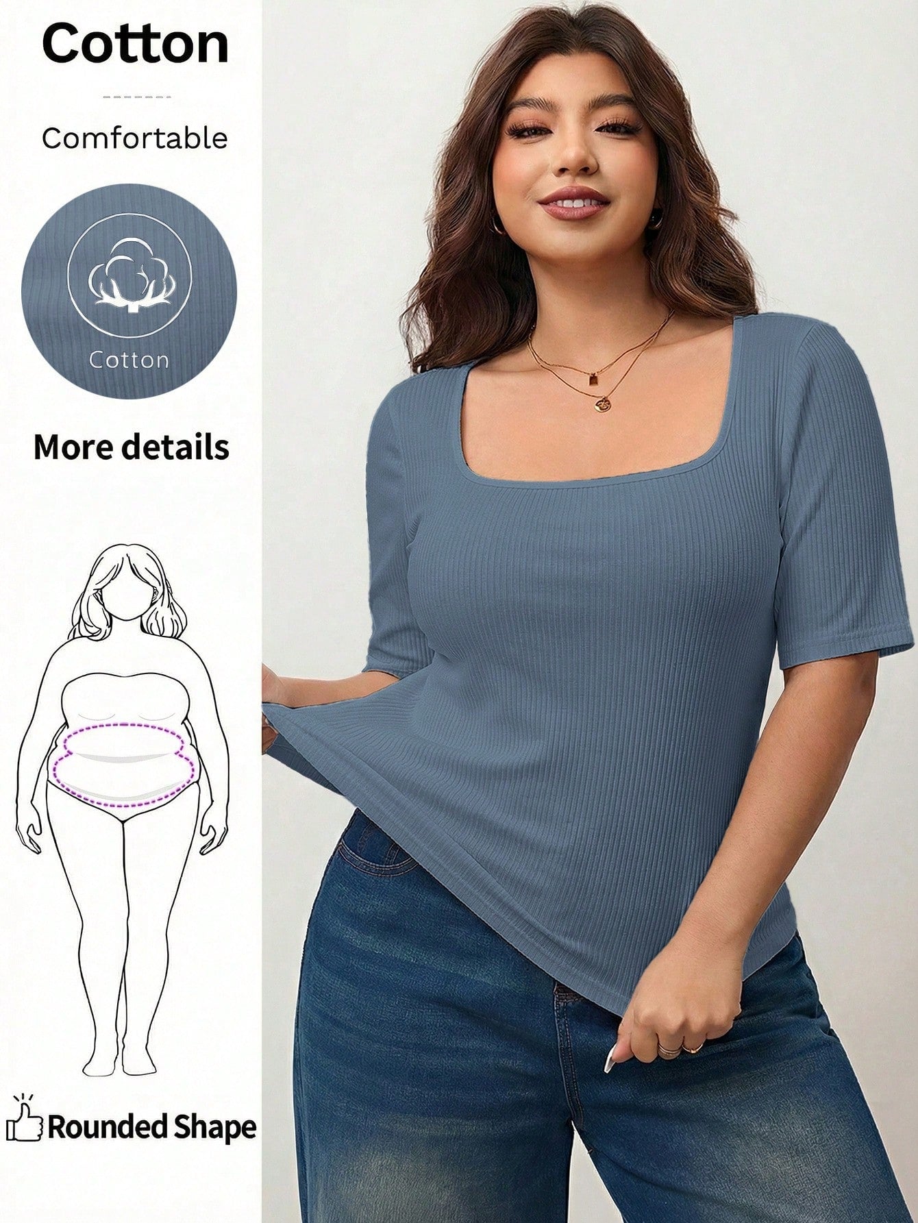 Enliva Plus Size Women's High Elastic Square Neck Short Sleeve T-Shirt,Dusty Blue,Autumn,Smart Casual,Everyday Cotton Tee For Apple Rounded Curves