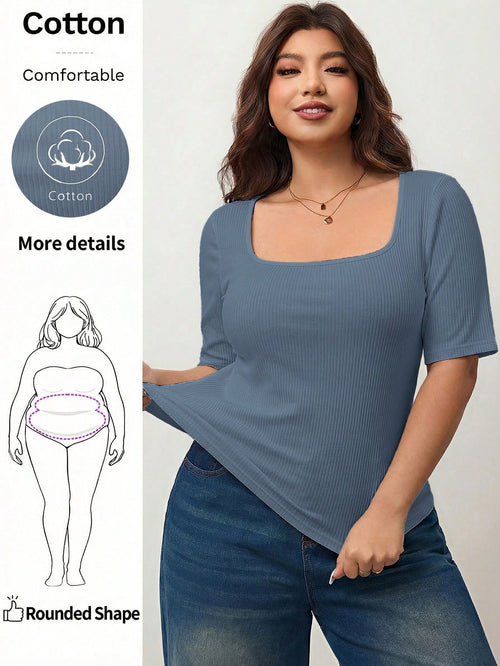 Enliva Plus Size Women's High Elastic Square Neck Short Sleeve T-Shirt,Dusty Blue,Autumn,Smart Casual,Everyday Cotton Tee For Apple Rounded Curves