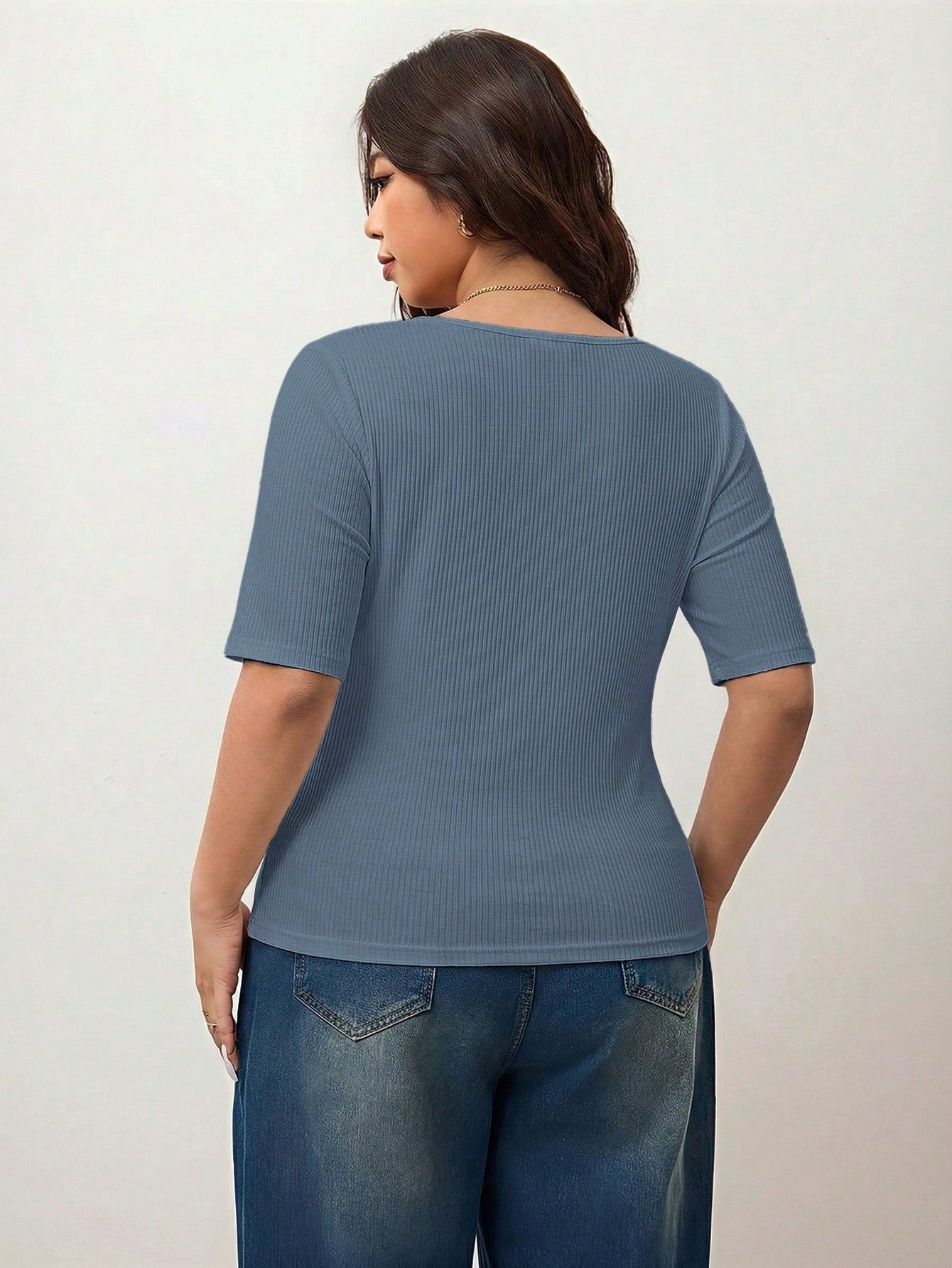 Enliva Plus Size Women's High Elastic Square Neck Short Sleeve T-Shirt,Dusty Blue,Autumn,Smart Casual,Everyday Cotton Tee For Apple Rounded Curves